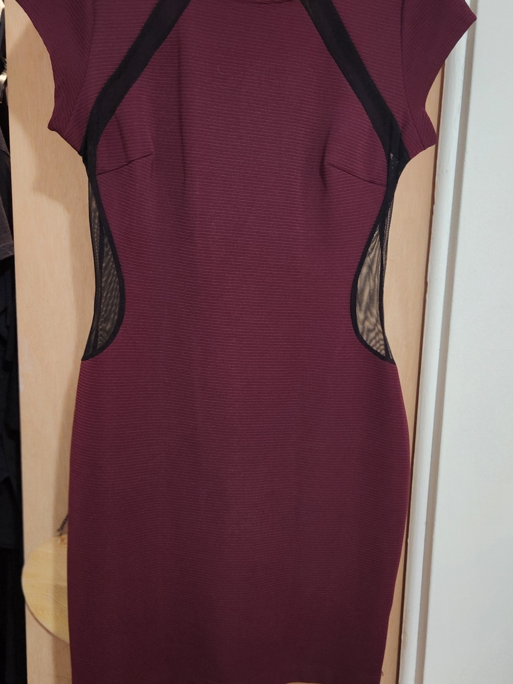 Guess Burgundy Bodycon Dress with Black Mesh Insets